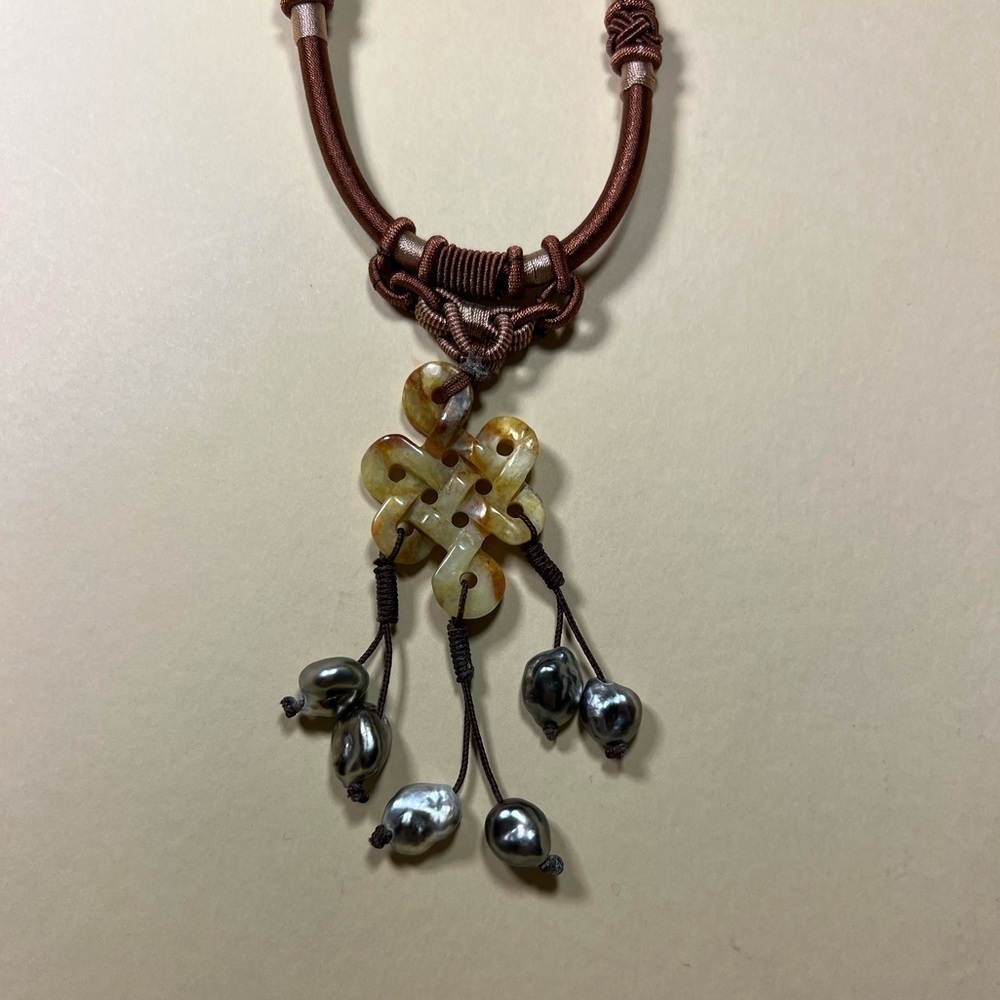 Carved Agate Infinite Knot and Tahitian Pearls with Silk woven Chain Necklace - Picture 7 of 9